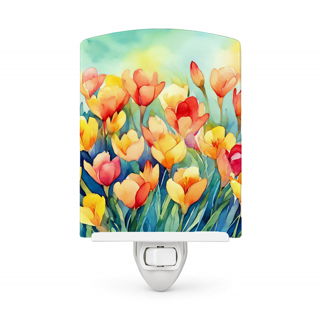 Freesias in Watercolor Ceramic Night Light Compact, UL-Certified, Ideal for Bedroom, Bathroom, Nursery, Hallway, Kitchen, 6x4x3, Multicolor