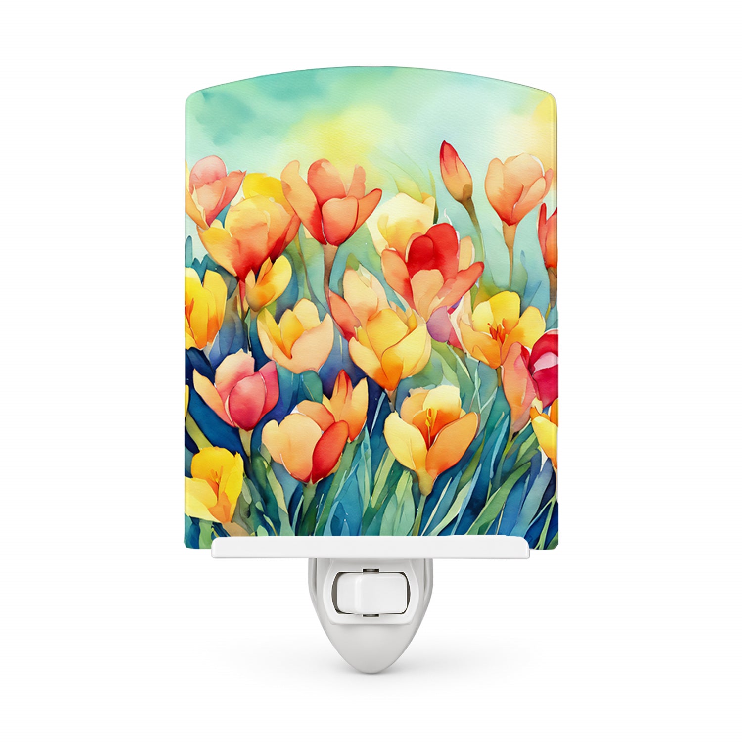 Freesias in Watercolor Ceramic Night Light Compact, UL-Certified, Ideal for Bedroom, Bathroom, Nursery, Hallway, Kitchen, 6x4x3, Multicolor