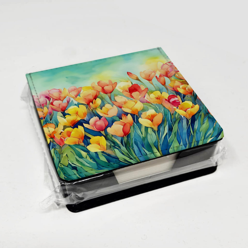 Freesias in Watercolor PU Leather Note Paper Holder with Artist-Designed Cover, Desk Accessory, Office Gift