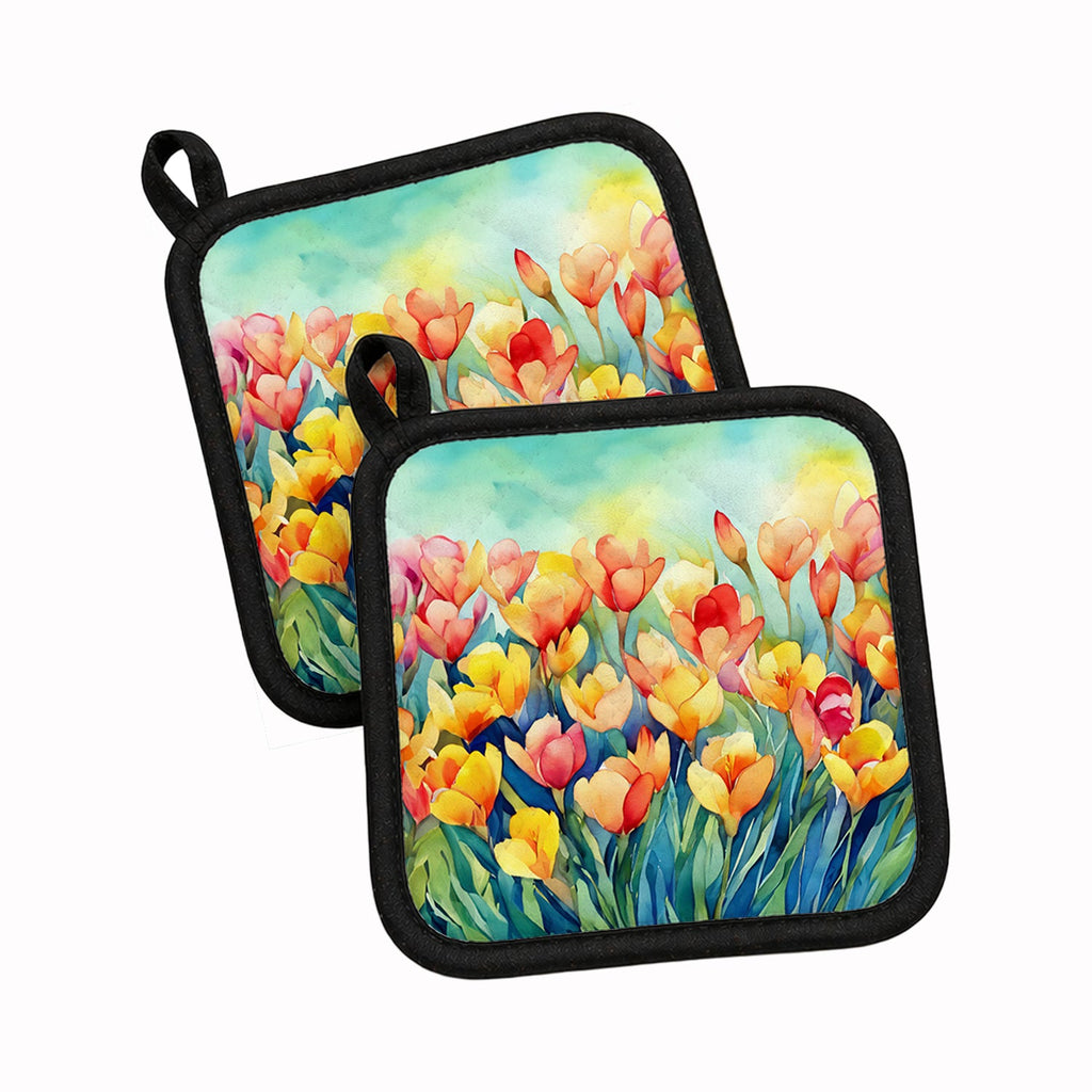 Freesias in Watercolor Pot Holder Set of 2 Heat Resistant Quilted Hot Pads 7.5 x 7.5 Inch, Insulated Kitchen Trivets for Cooking & Baking