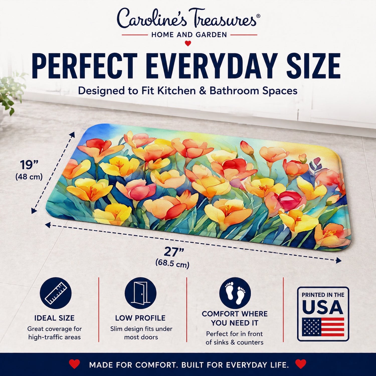 Freesias in Watercolor Memory Foam Kitchen Mat Machine Washable Anti-Fatigue Cushion Comfort Bath or Kitchen Rug