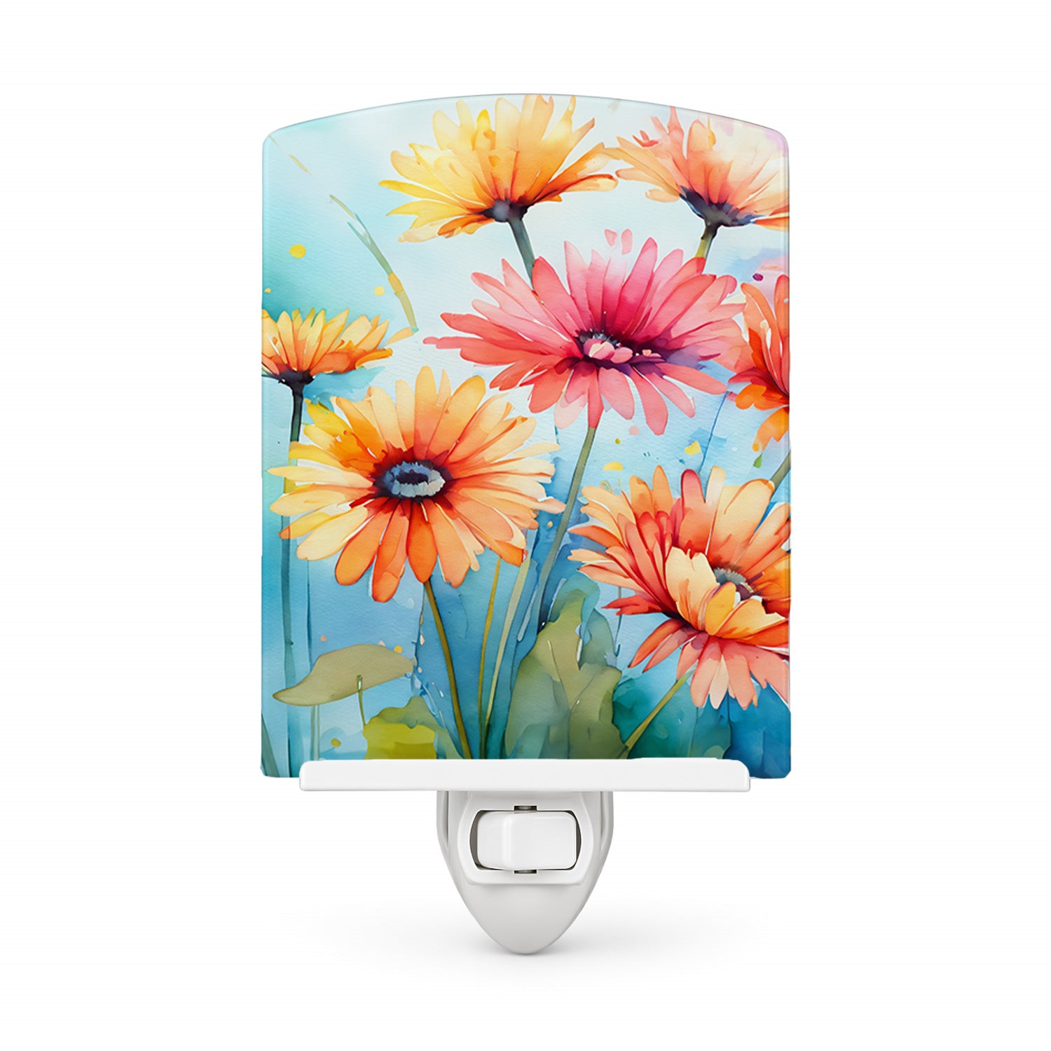 Gerbera Daisies in Watercolor Ceramic Night Light Compact, UL-Certified, Ideal for Bedroom, Bathroom, Nursery, Hallway, Kitchen, 6x4x3, Multicolor