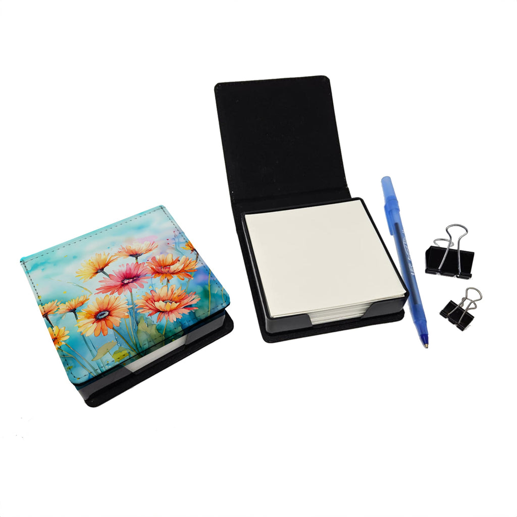 Gerbera Daisies in Watercolor PU Leather Note Paper Holder with Artist-Designed Cover, Desk Accessory, Office Gift