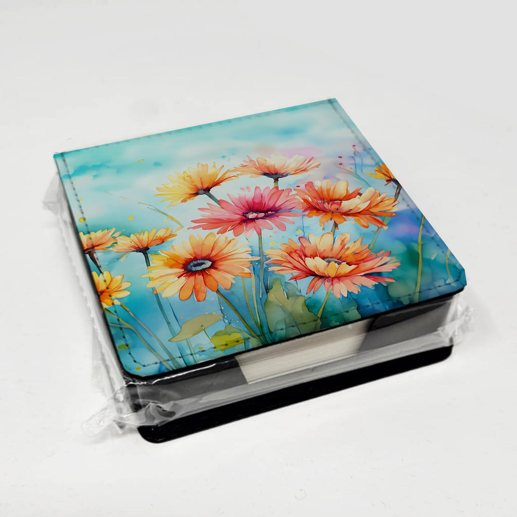 Gerbera Daisies in Watercolor PU Leather Note Paper Holder with Artist-Designed Cover, Desk Accessory, Office Gift
