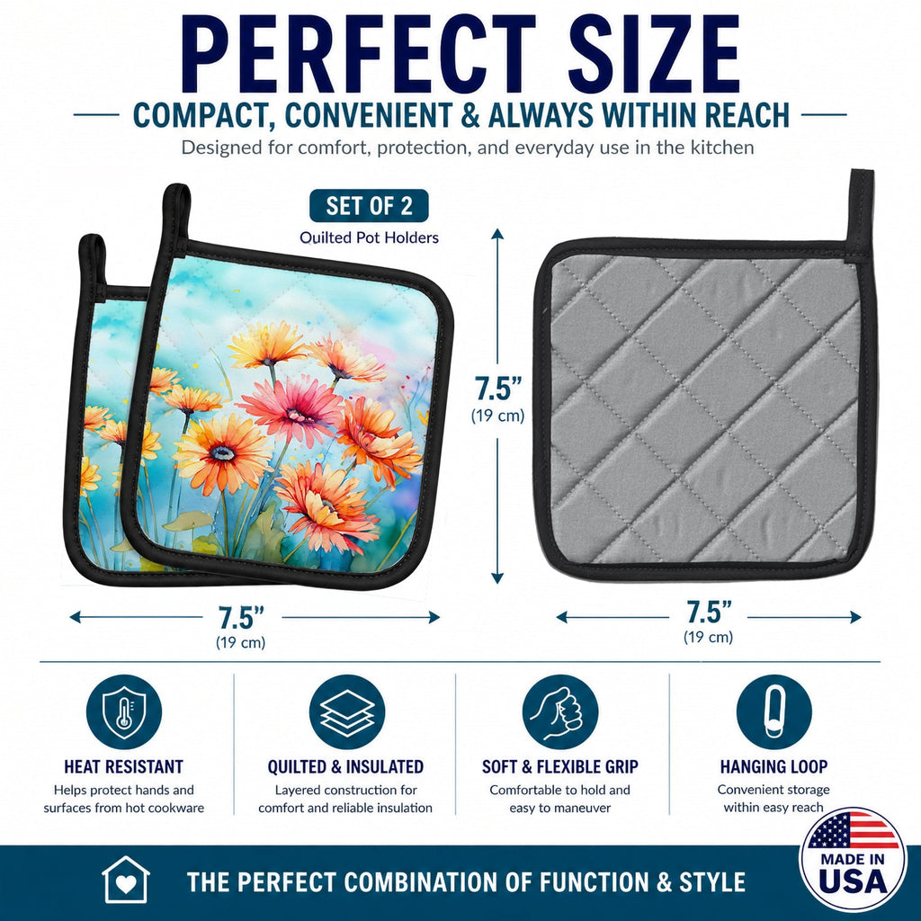 Gerbera Daisies in Watercolor Pot Holder Set of 2 Heat Resistant Quilted Hot Pads 7.5 x 7.5 Inch, Insulated Kitchen Trivets for Cooking & Baking