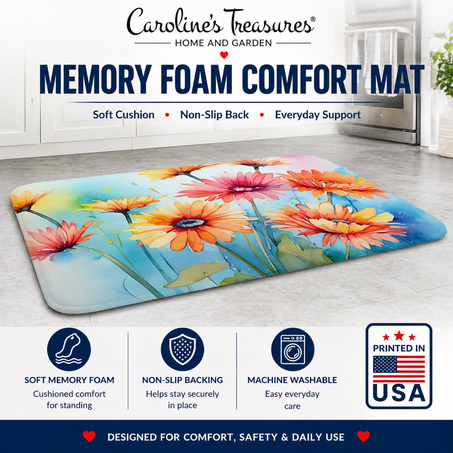 Gerbera Daisies in Watercolor Memory Foam Kitchen Mat Machine Washable Anti-Fatigue Cushion Comfort Bath or Kitchen Rug