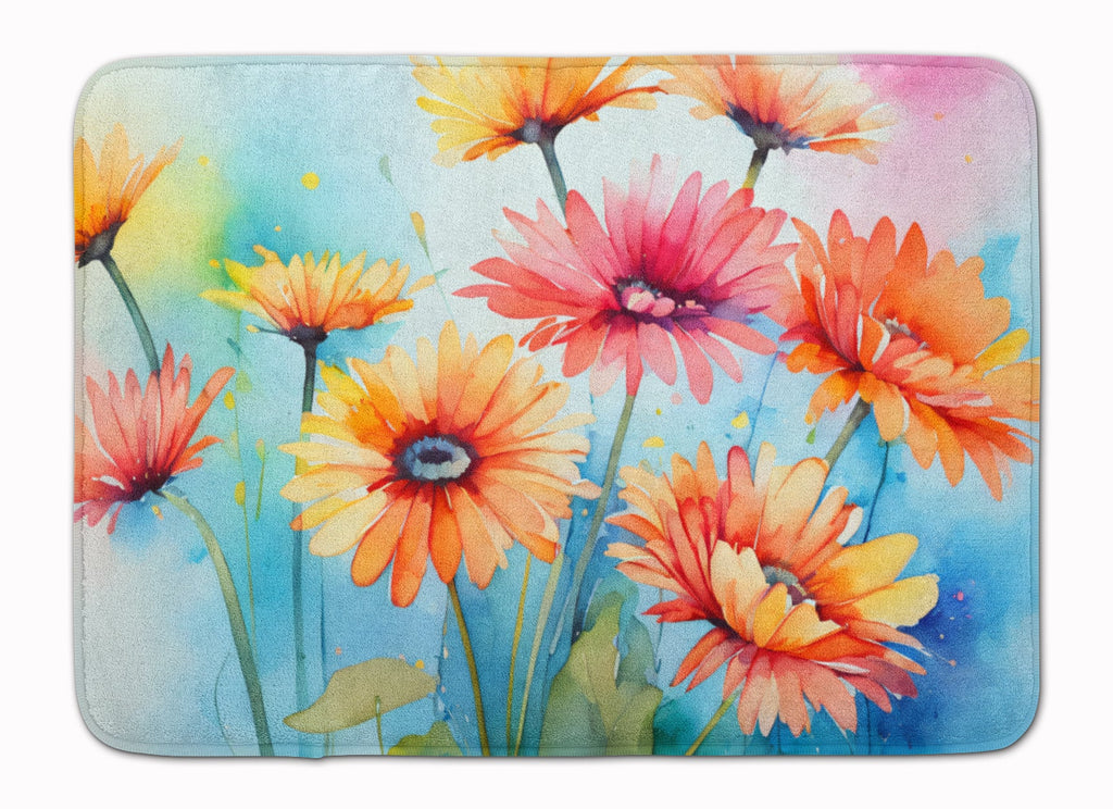 Gerbera Daisies in Watercolor Memory Foam Kitchen Mat Machine Washable Anti-Fatigue Cushion Comfort Bath or Kitchen Rug