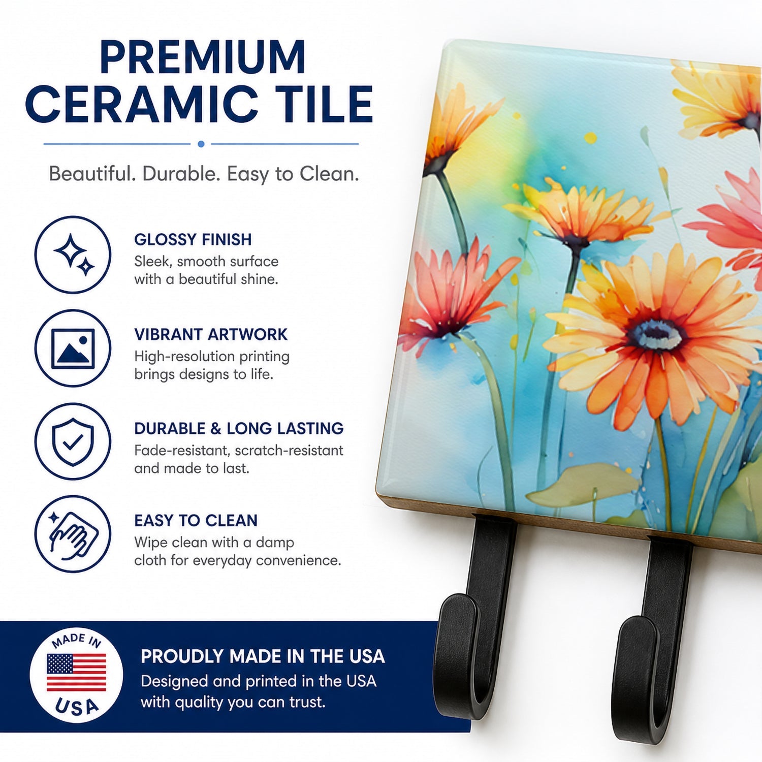 Gerbera Daisies in Watercolor Leash or Key Holder Wall Hooks, Coat Rack Wall Mount, for Hanging Keys, Towels, Aprons, Leashes