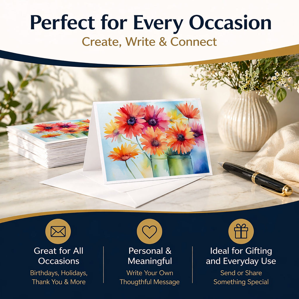 Gerbera Daisies in Watercolor Greeting Cards Pack of 8 Blank Cards with Envelopes Whimsical A7 Size 5x7