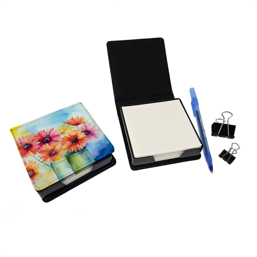 Gerbera Daisies in Watercolor PU Leather Note Paper Holder with Artist-Designed Cover, Desk Accessory, Office Gift
