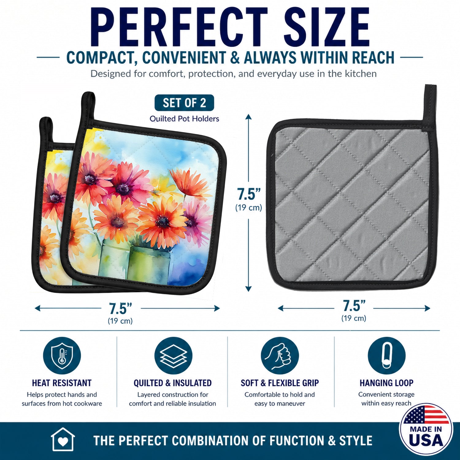 Gerbera Daisies in Watercolor Pot Holder Set of 2 Heat Resistant Quilted Hot Pads 7.5 x 7.5 Inch, Insulated Kitchen Trivets for Cooking & Baking