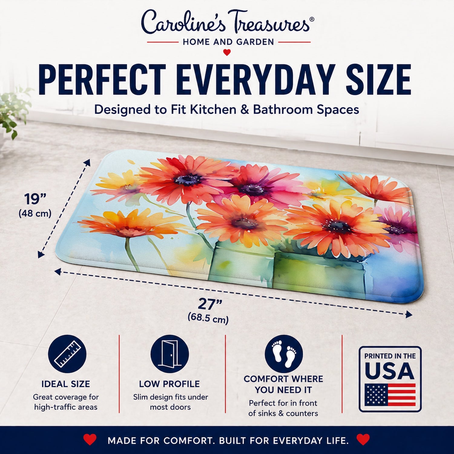Gerbera Daisies in Watercolor Memory Foam Kitchen Mat Machine Washable Anti-Fatigue Cushion Comfort Bath or Kitchen Rug