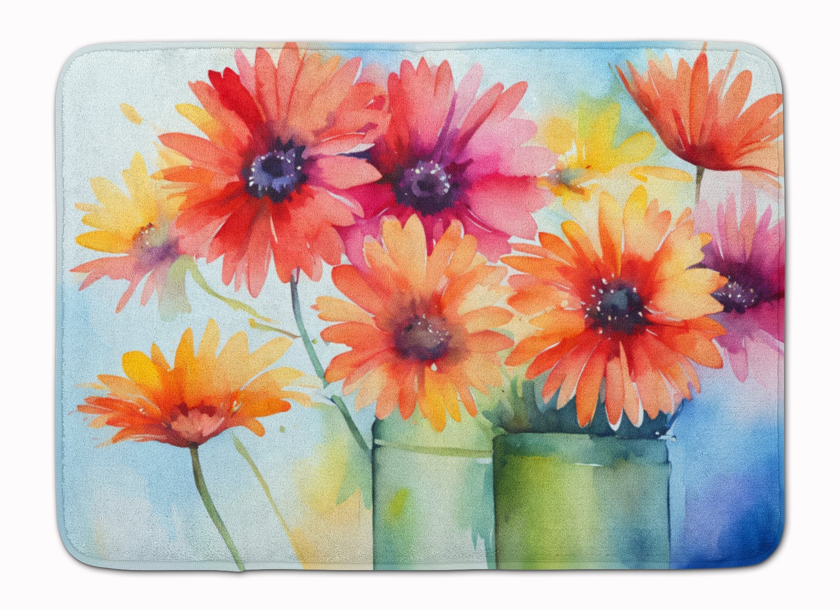 Gerbera Daisies in Watercolor Memory Foam Kitchen Mat Machine Washable Anti-Fatigue Cushion Comfort Bath or Kitchen Rug