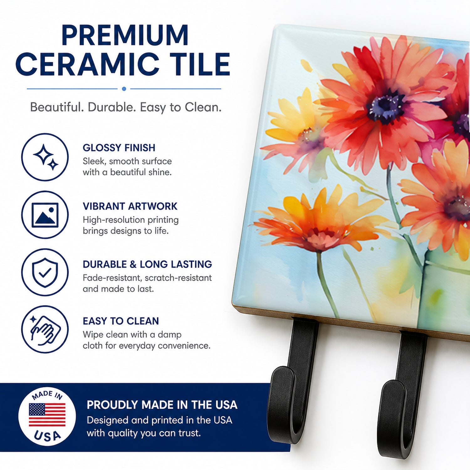 Gerbera Daisies in Watercolor Leash or Key Holder Wall Hooks, Coat Rack Wall Mount, for Hanging Keys, Towels, Aprons, Leashes
