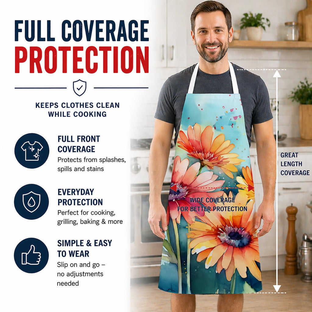 Gerbera Daisies in Watercolor Apron Cooking Kitchen Server Baking Crafts Gardening for Adult Women Men, Unisex, Large, Multicolor