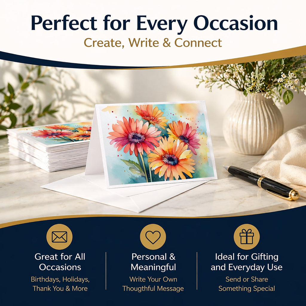 Gerbera Daisies in Watercolor Greeting Cards Pack of 8 Blank Cards with Envelopes Whimsical A7 Size 5x7