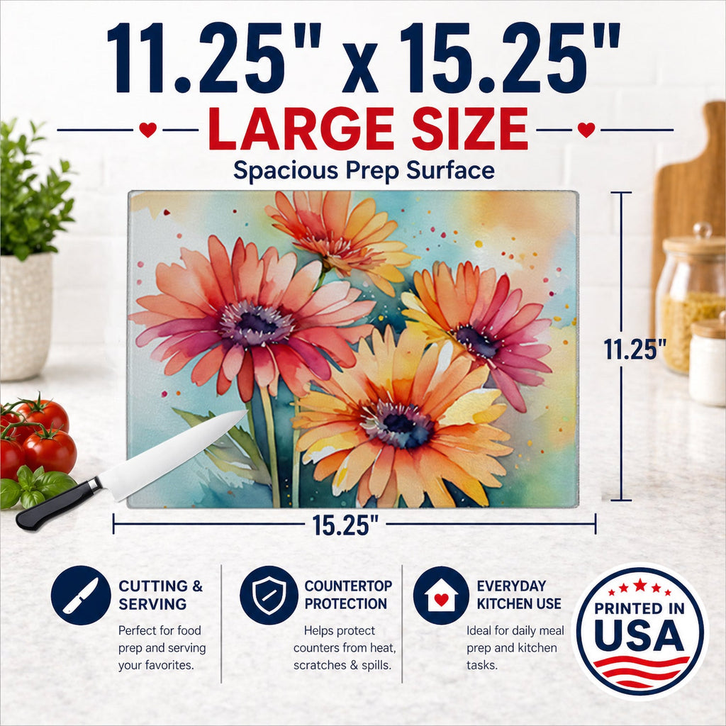 Gerbera Daisies in Watercolor Cutting Board Tempered Glass Kitchen Cutting Surface, Heat Resistant Chopping, Non-Slip Feet, Food Prep & Serving