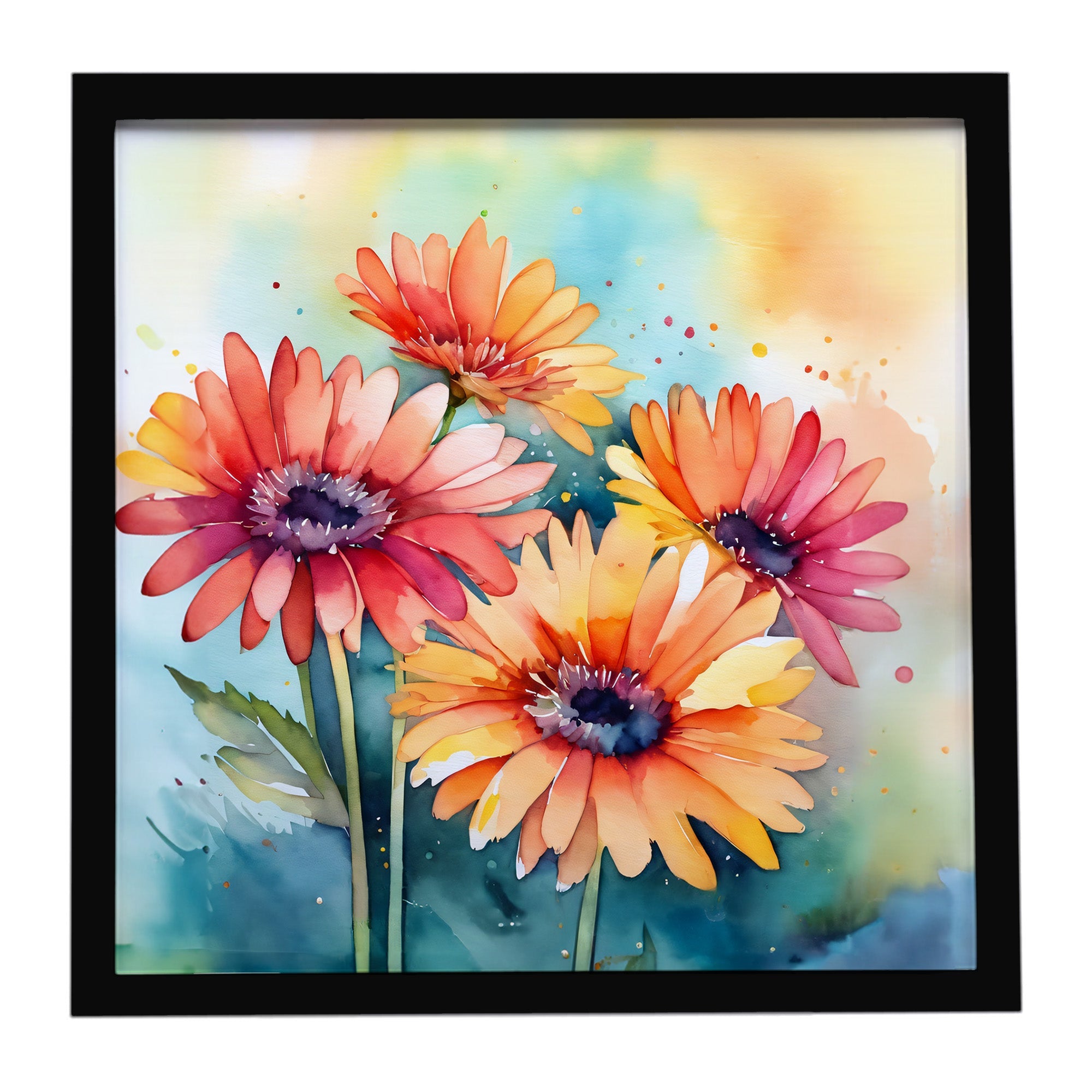 Gerbera Daisies in Watercolor Framed Metal Print Bathroom, Kitchen, Office, Home Decor Wall Art Ready to Hang, Square, 8X8