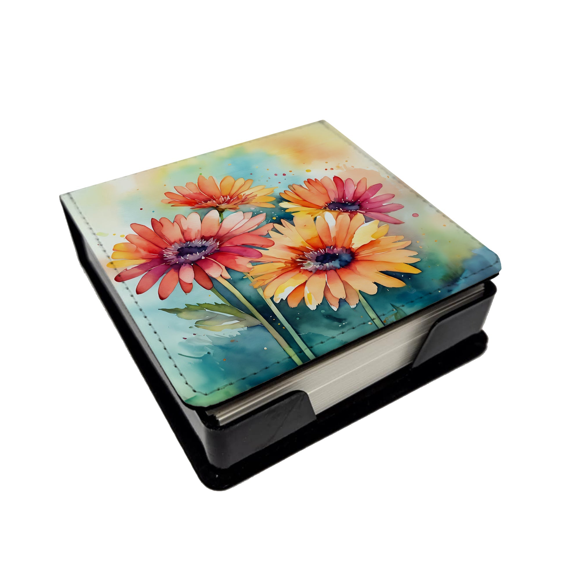 Gerbera Daisies in Watercolor PU Leather Note Paper Holder with Artist-Designed Cover, Desk Accessory, Office Gift