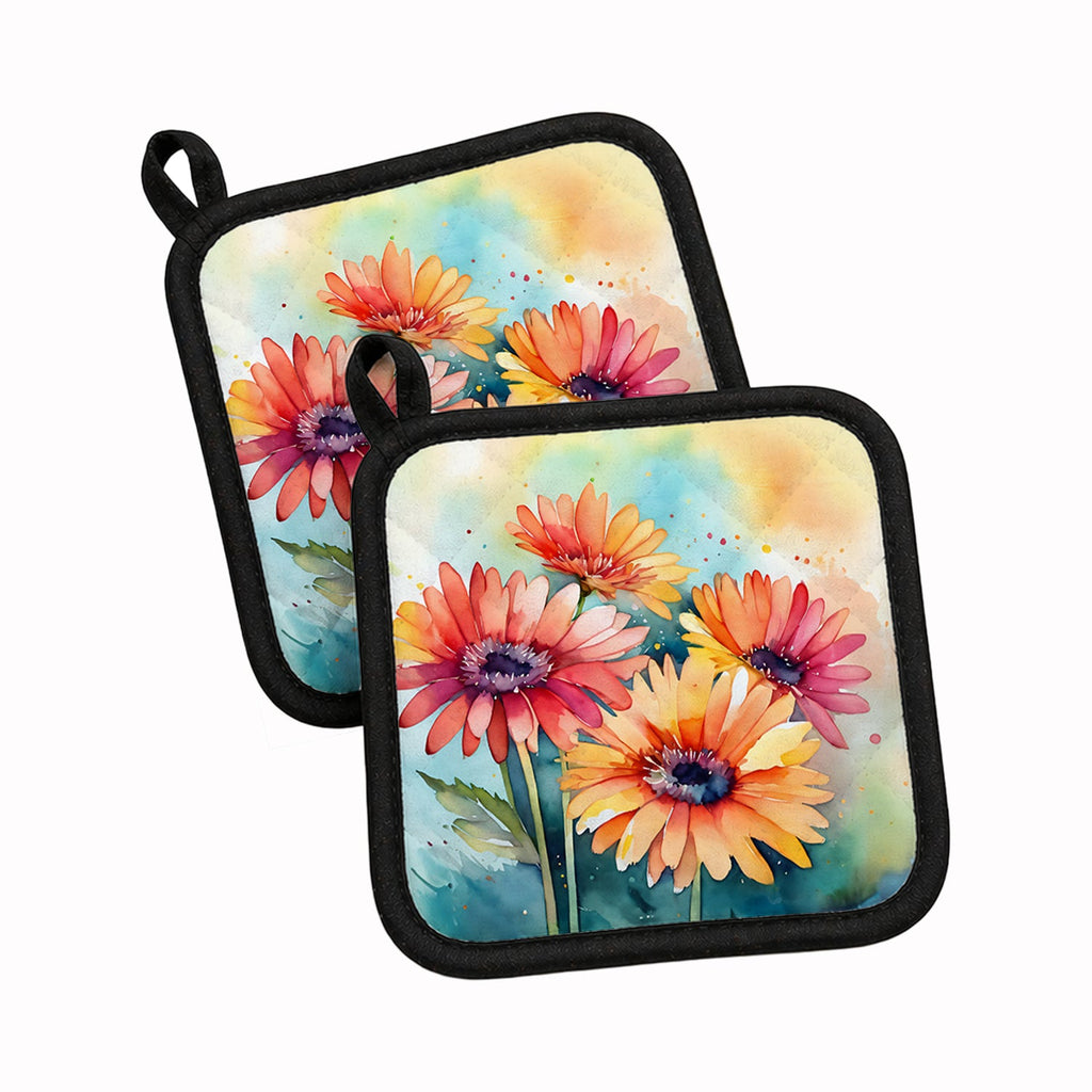 Gerbera Daisies in Watercolor Pot Holder Set of 2 Heat Resistant Quilted Hot Pads 7.5 x 7.5 Inch, Insulated Kitchen Trivets for Cooking & Baking