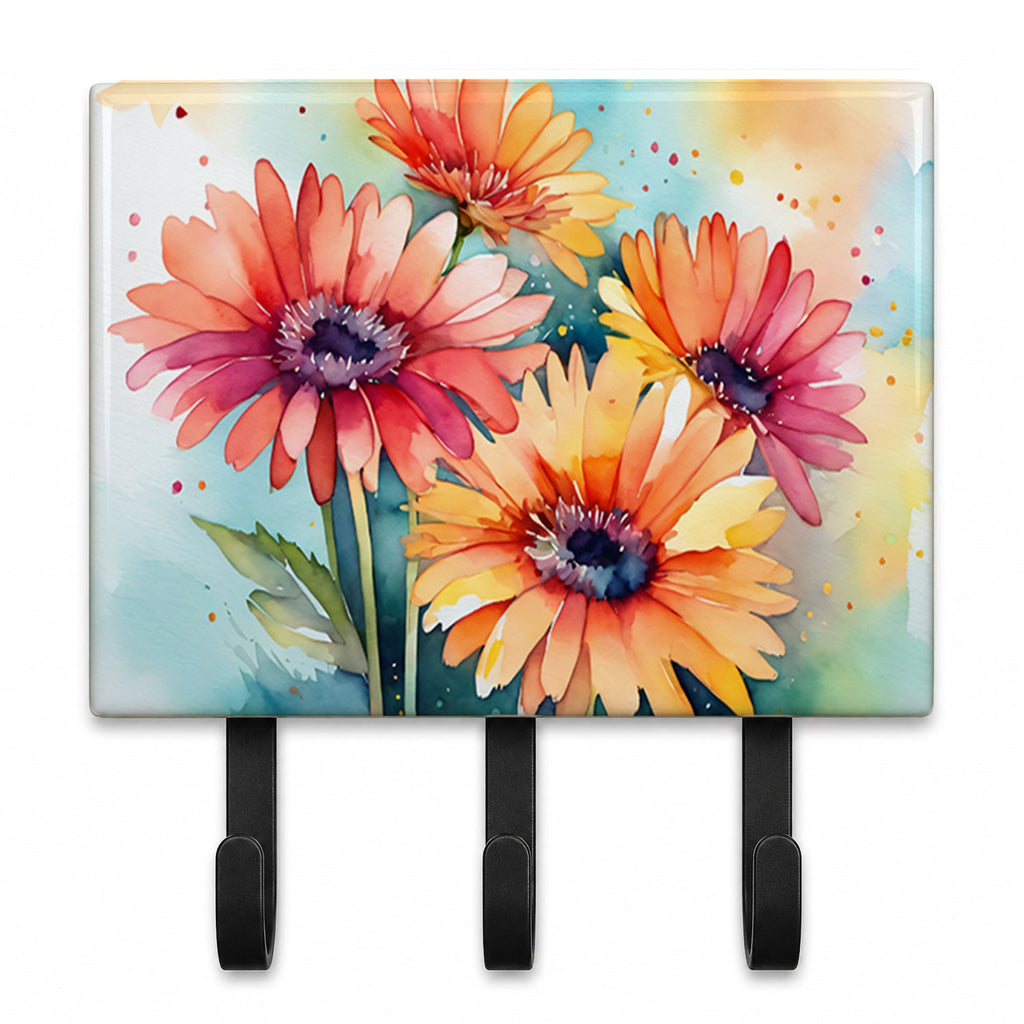 Gerbera Daisies in Watercolor Leash or Key Holder Wall Hooks, Coat Rack Wall Mount, for Hanging Keys, Towels, Aprons, Leashes