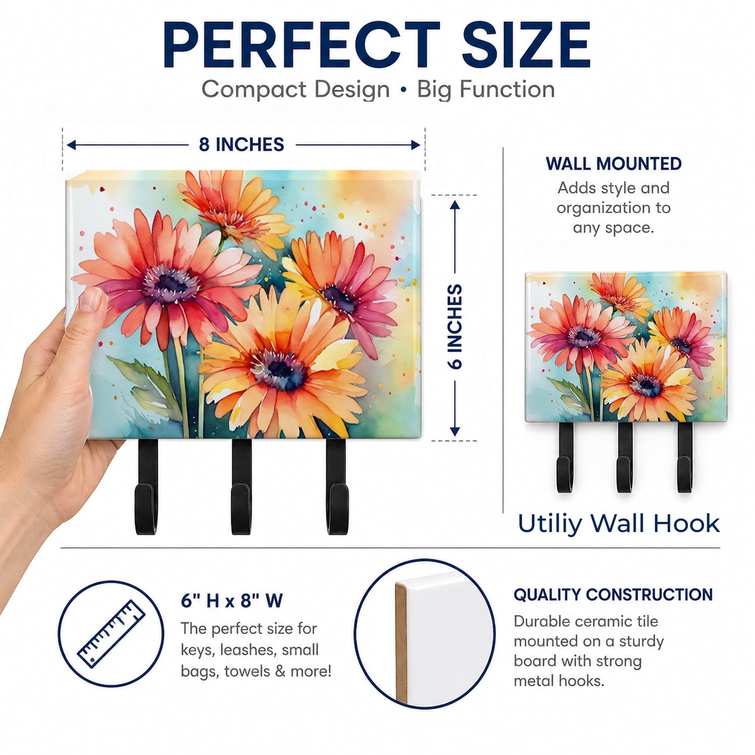 Gerbera Daisies in Watercolor Leash or Key Holder Wall Hooks, Coat Rack Wall Mount, for Hanging Keys, Towels, Aprons, Leashes