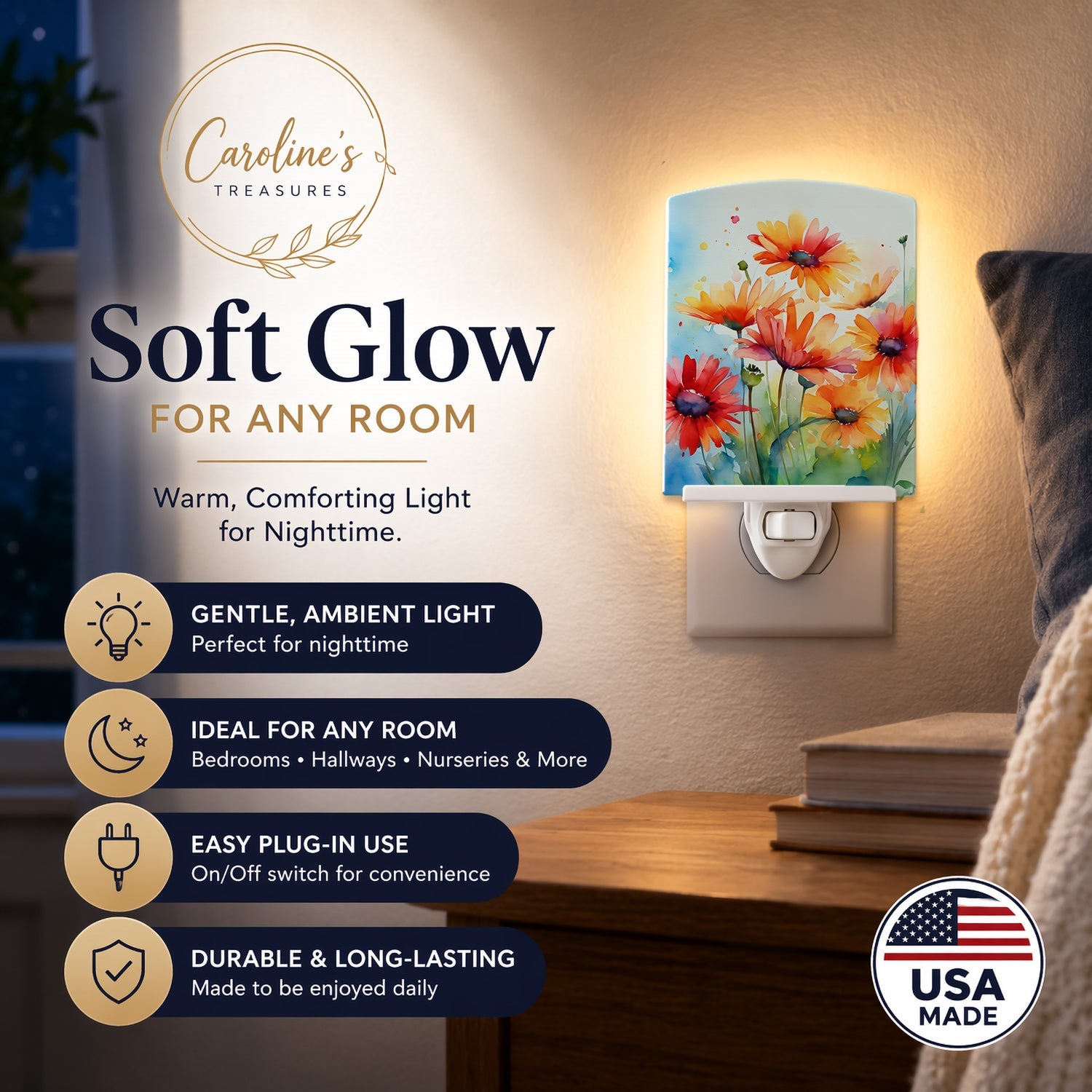 Gerbera Daisies in Watercolor Ceramic Night Light Compact, UL-Certified, Ideal for Bedroom, Bathroom, Nursery, Hallway, Kitchen, 6x4x3, Multicolor