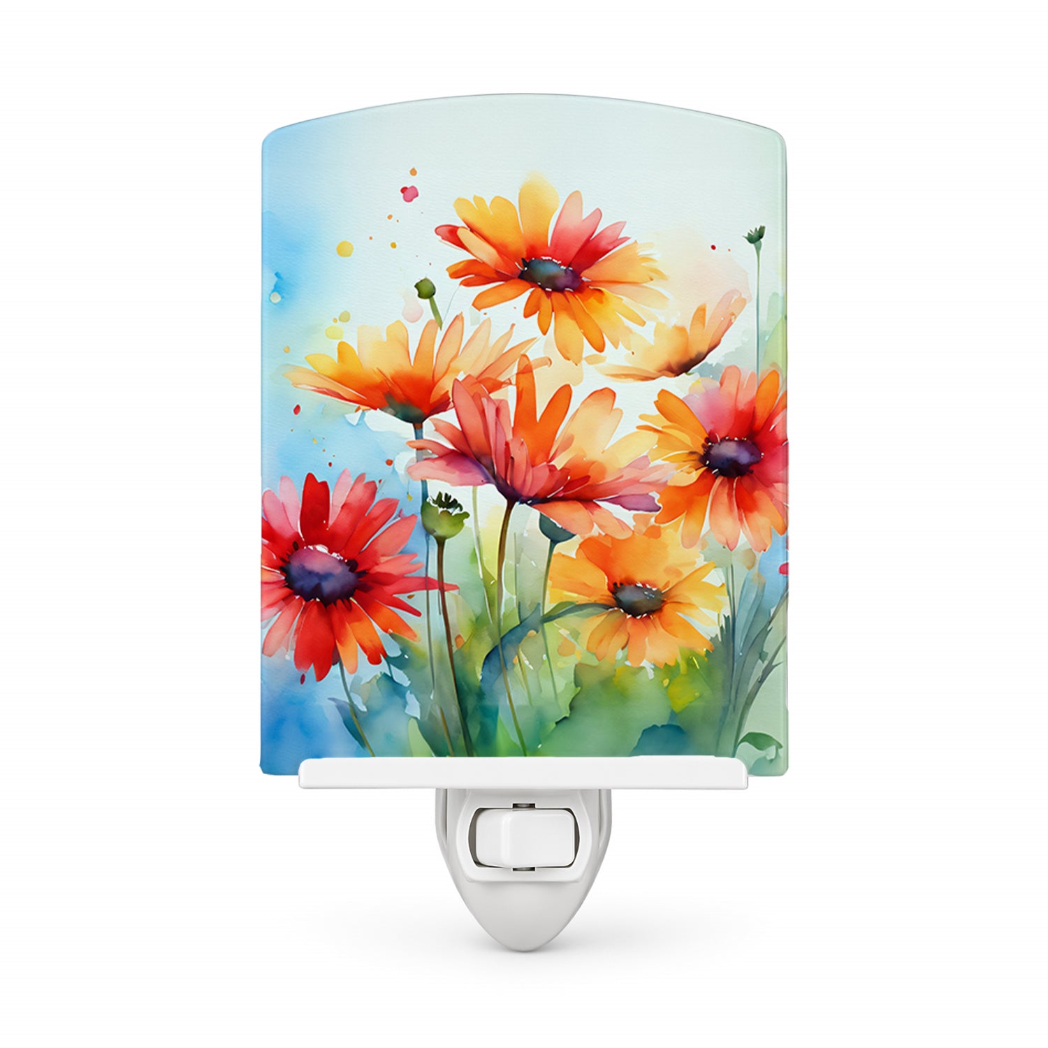 Gerbera Daisies in Watercolor Ceramic Night Light Compact, UL-Certified, Ideal for Bedroom, Bathroom, Nursery, Hallway, Kitchen, 6x4x3, Multicolor