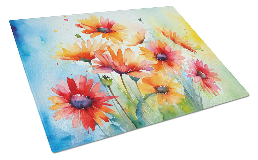 Gerbera Daisies in Watercolor Cutting Board Tempered Glass Kitchen Cutting Surface, Heat Resistant Chopping, Non-Slip Feet, Food Prep & Serving