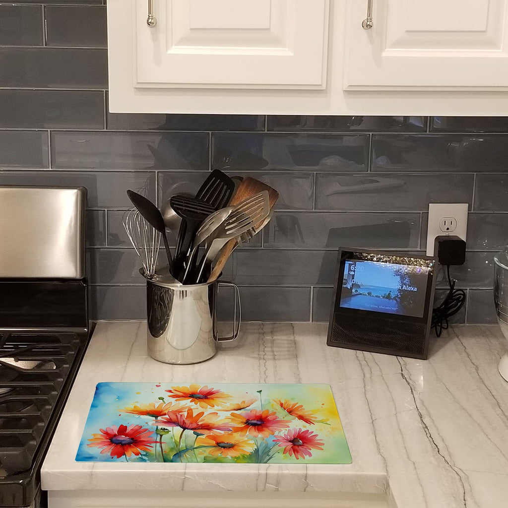 Gerbera Daisies in Watercolor Cutting Board Tempered Glass Kitchen Cutting Surface, Heat Resistant Chopping, Non-Slip Feet, Food Prep & Serving