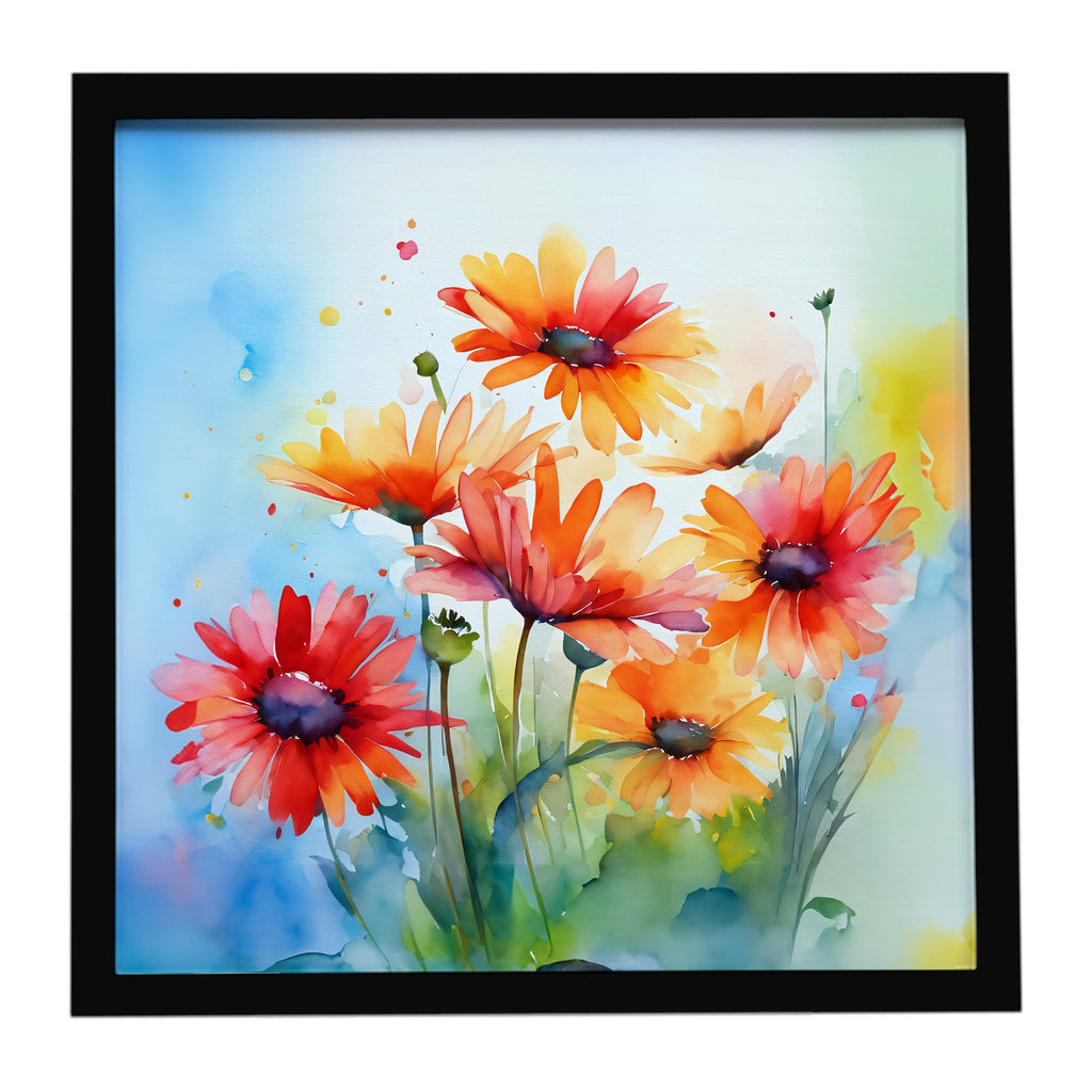 Gerbera Daisies in Watercolor Framed Metal Print Bathroom, Kitchen, Office, Home Decor Wall Art Ready to Hang, Square, 8X8