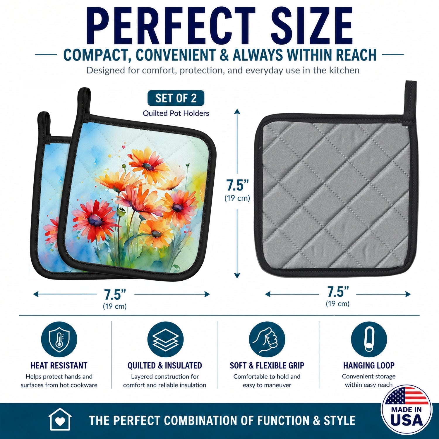 Gerbera Daisies in Watercolor Pot Holder Set of 2 Heat Resistant Quilted Hot Pads 7.5 x 7.5 Inch, Insulated Kitchen Trivets for Cooking & Baking