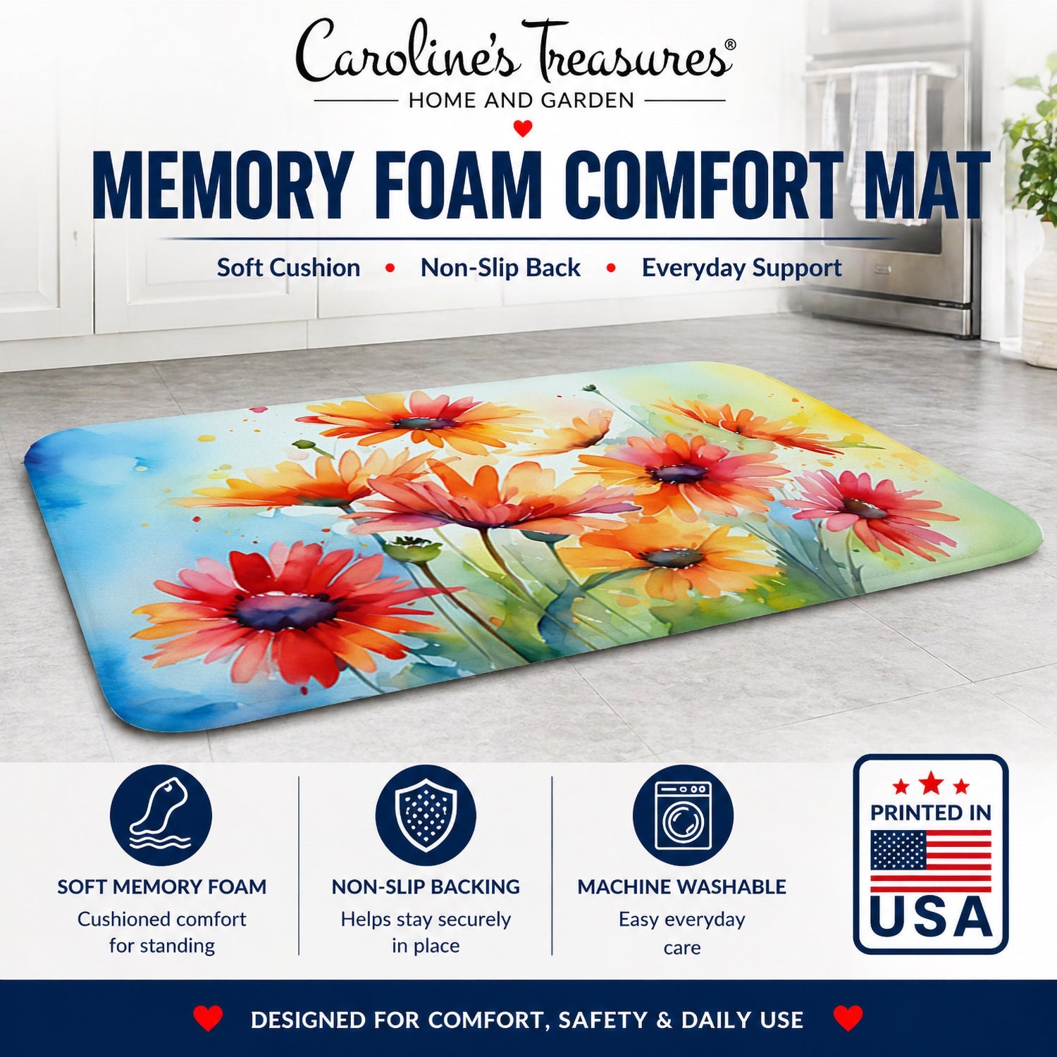 Gerbera Daisies in Watercolor Memory Foam Kitchen Mat Machine Washable Anti-Fatigue Cushion Comfort Bath or Kitchen Rug