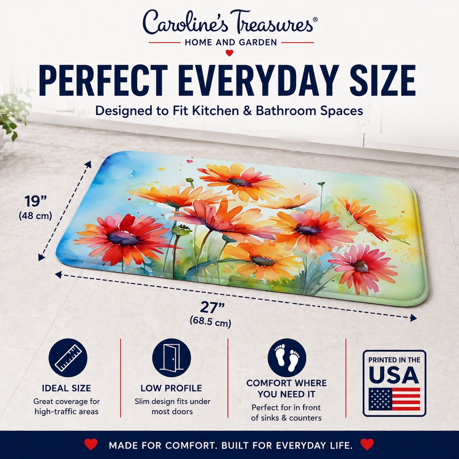 Gerbera Daisies in Watercolor Memory Foam Kitchen Mat Machine Washable Anti-Fatigue Cushion Comfort Bath or Kitchen Rug