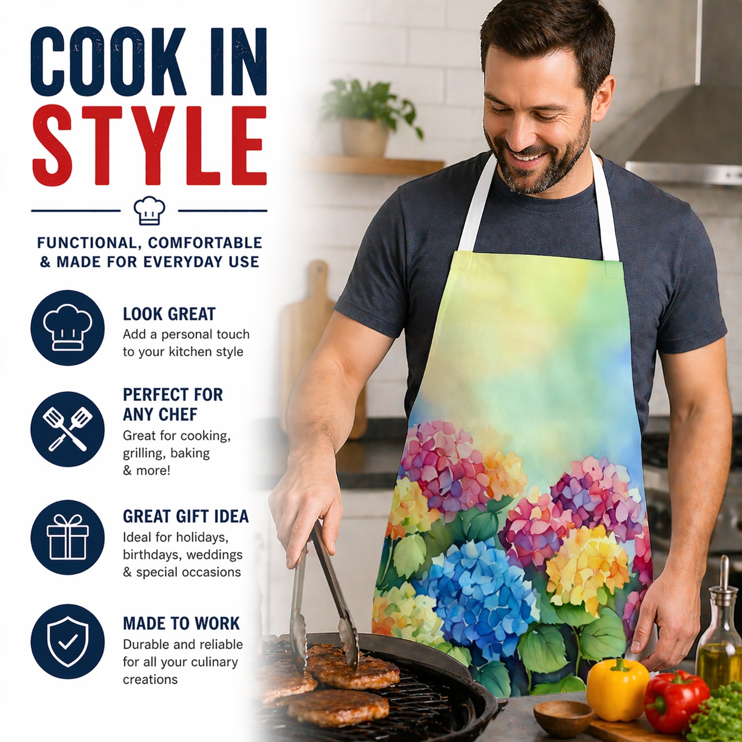 Hydrangeas in Watercolor Apron Cooking Kitchen Server Baking Crafts Gardening for Adult Women Men, Unisex, Large, Multicolor