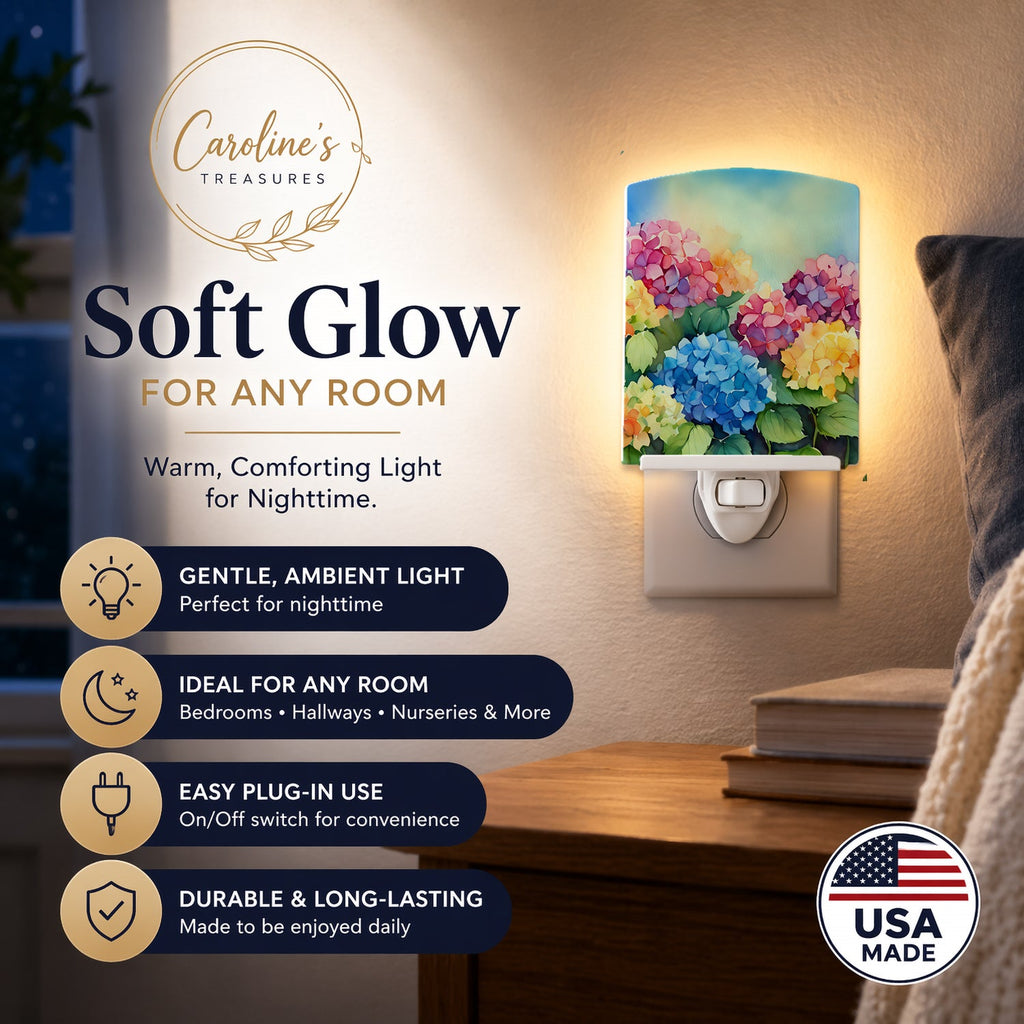 Hydrangeas in Watercolor Ceramic Night Light Compact, UL-Certified, Ideal for Bedroom, Bathroom, Nursery, Hallway, Kitchen, 6x4x3, Multicolor