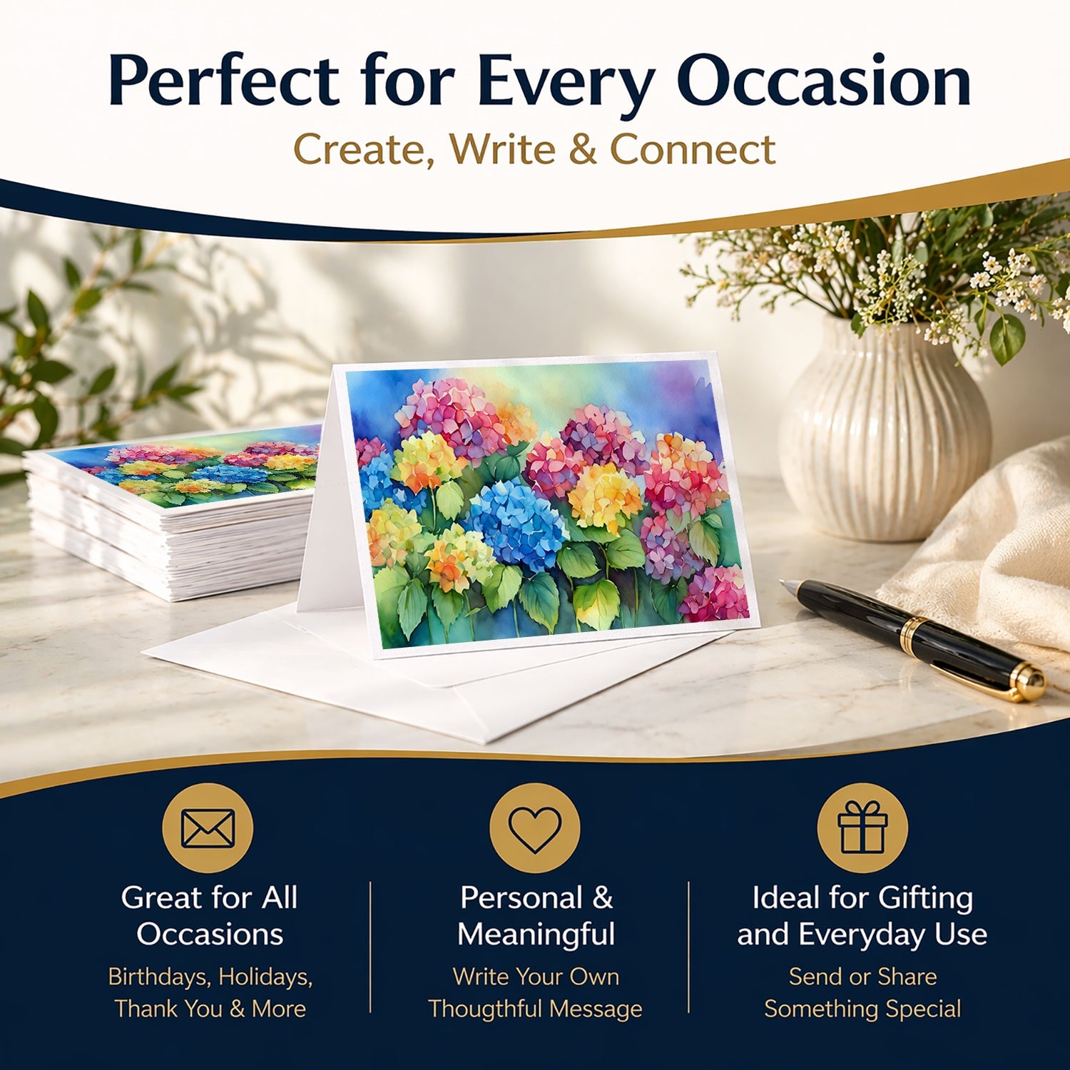 Hydrangeas in Watercolor Greeting Cards Pack of 8 Blank Cards with Envelopes Whimsical A7 Size 5x7