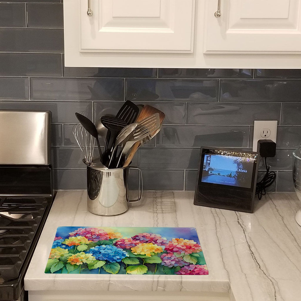 Hydrangeas in Watercolor Cutting Board Tempered Glass Kitchen Cutting Surface, Heat Resistant Chopping, Non-Slip Feet, Food Prep & Serving