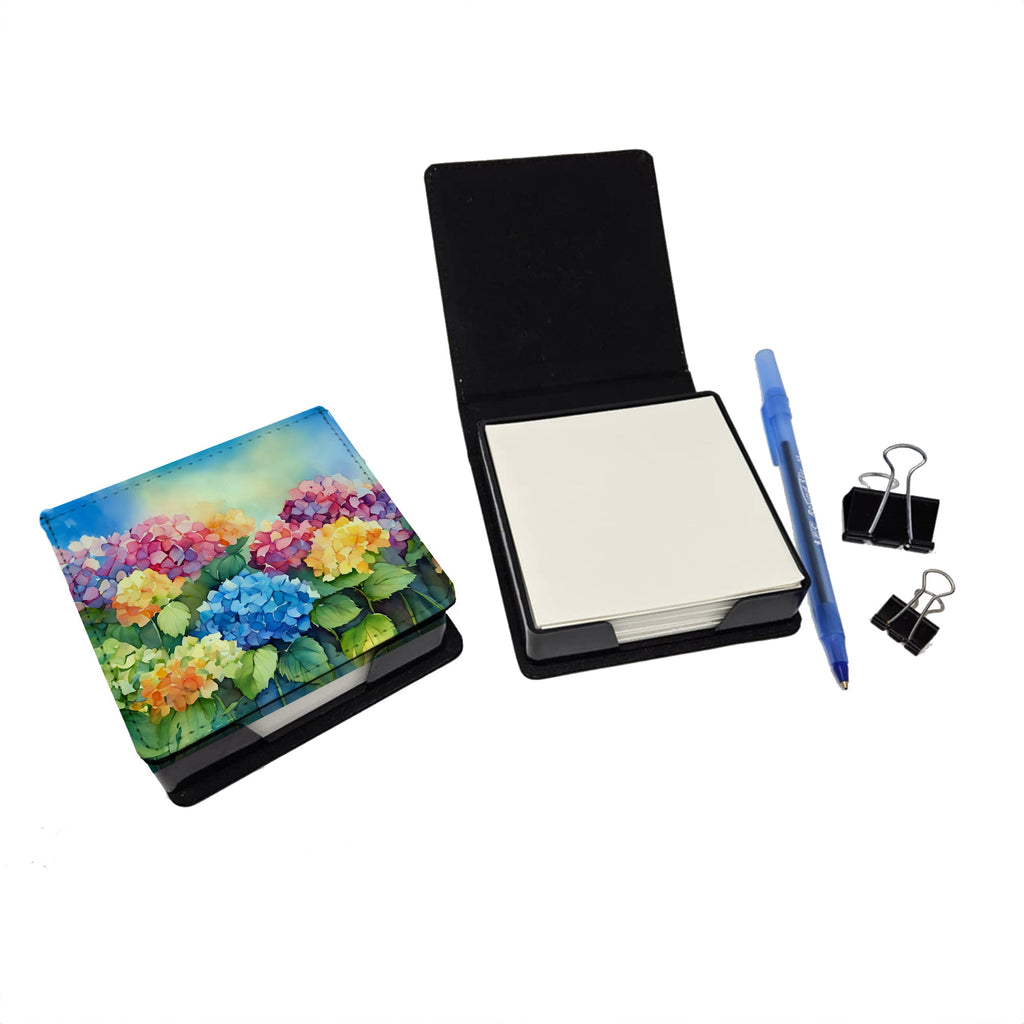 Hydrangeas in Watercolor PU Leather Note Paper Holder with Artist-Designed Cover, Desk Accessory, Office Gift