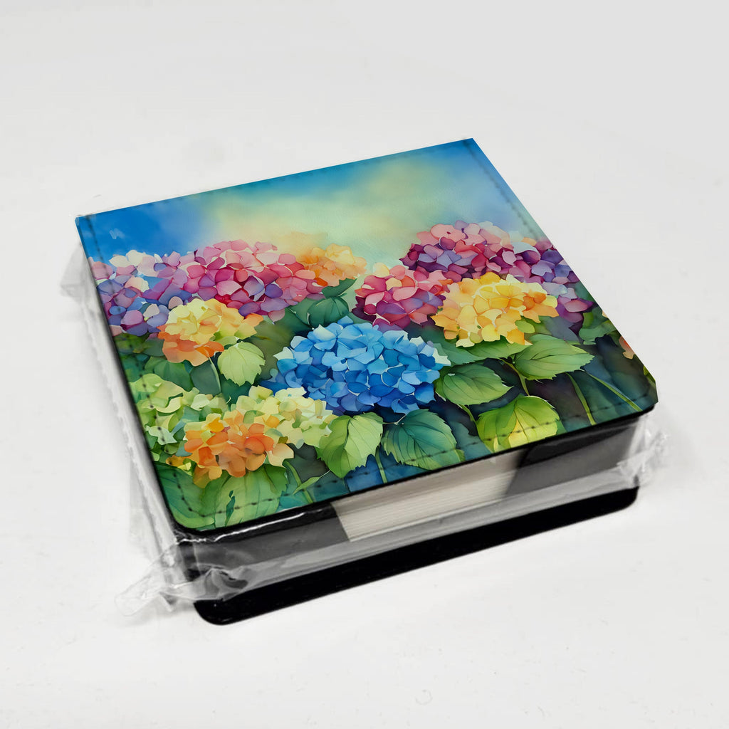 Hydrangeas in Watercolor PU Leather Note Paper Holder with Artist-Designed Cover, Desk Accessory, Office Gift