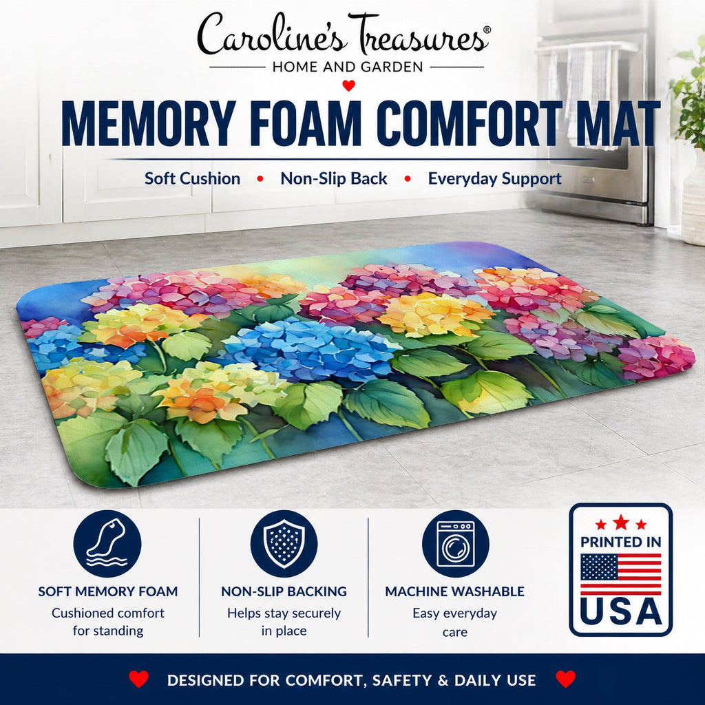 Hydrangeas in Watercolor Memory Foam Kitchen Mat Machine Washable Anti-Fatigue Cushion Comfort Bath or Kitchen Rug