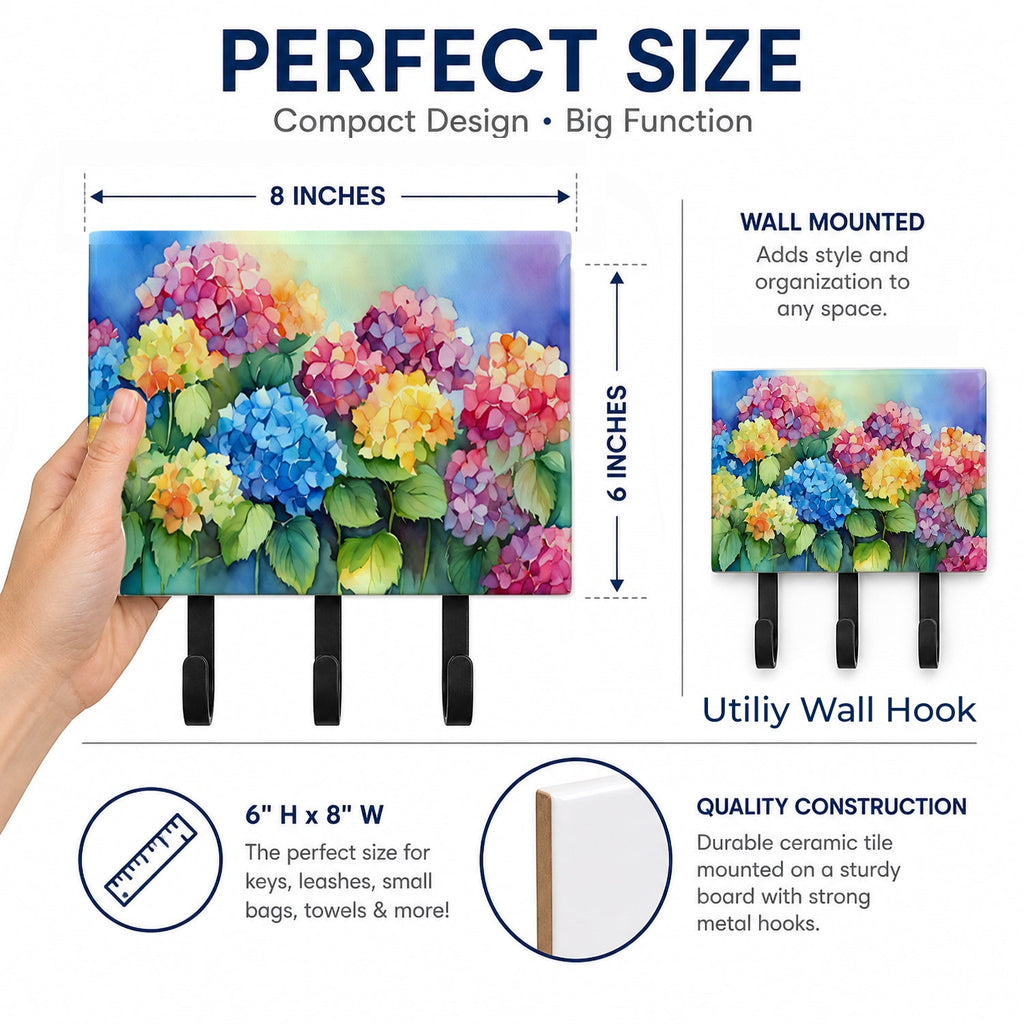 Hydrangeas in Watercolor Leash or Key Holder Wall Hooks, Coat Rack Wall Mount, for Hanging Keys, Towels, Aprons, Leashes