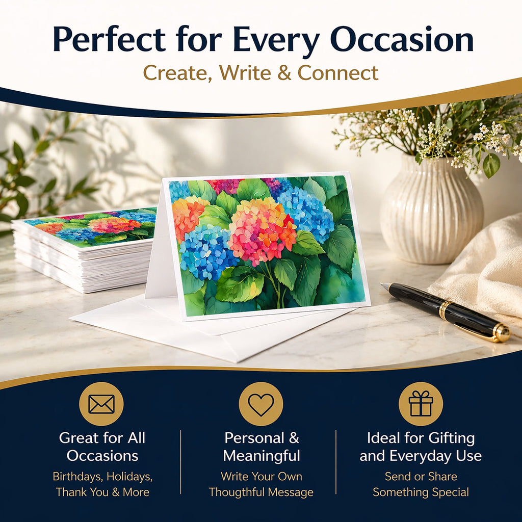 Hydrangeas in Watercolor Greeting Cards Pack of 8 Blank Cards with Envelopes Whimsical A7 Size 5x7