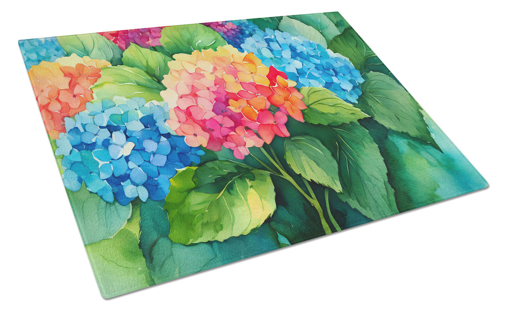 Hydrangeas in Watercolor Cutting Board Tempered Glass Kitchen Cutting Surface, Heat Resistant Chopping, Non-Slip Feet, Food Prep & Serving