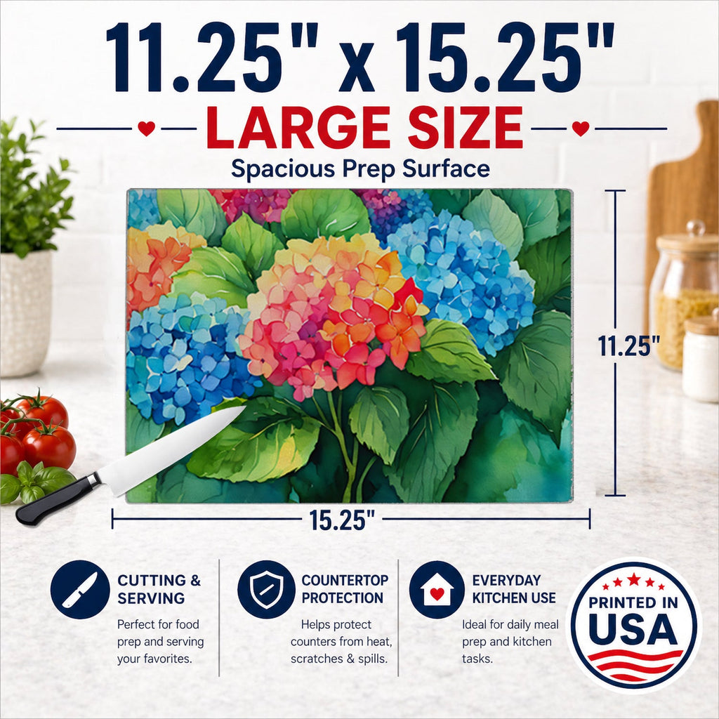 Hydrangeas in Watercolor Cutting Board Tempered Glass Kitchen Cutting Surface, Heat Resistant Chopping, Non-Slip Feet, Food Prep & Serving