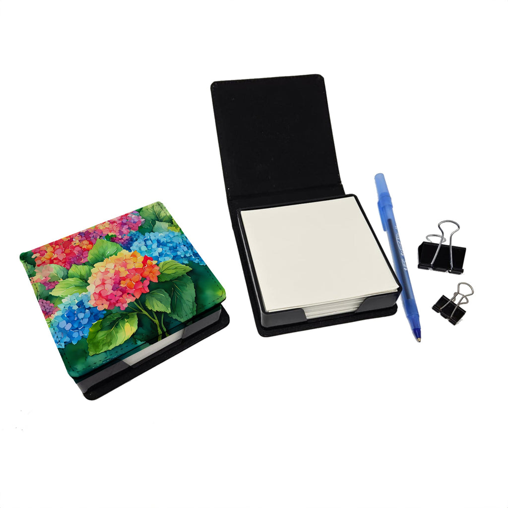 Hydrangeas in Watercolor PU Leather Note Paper Holder with Artist-Designed Cover, Desk Accessory, Office Gift