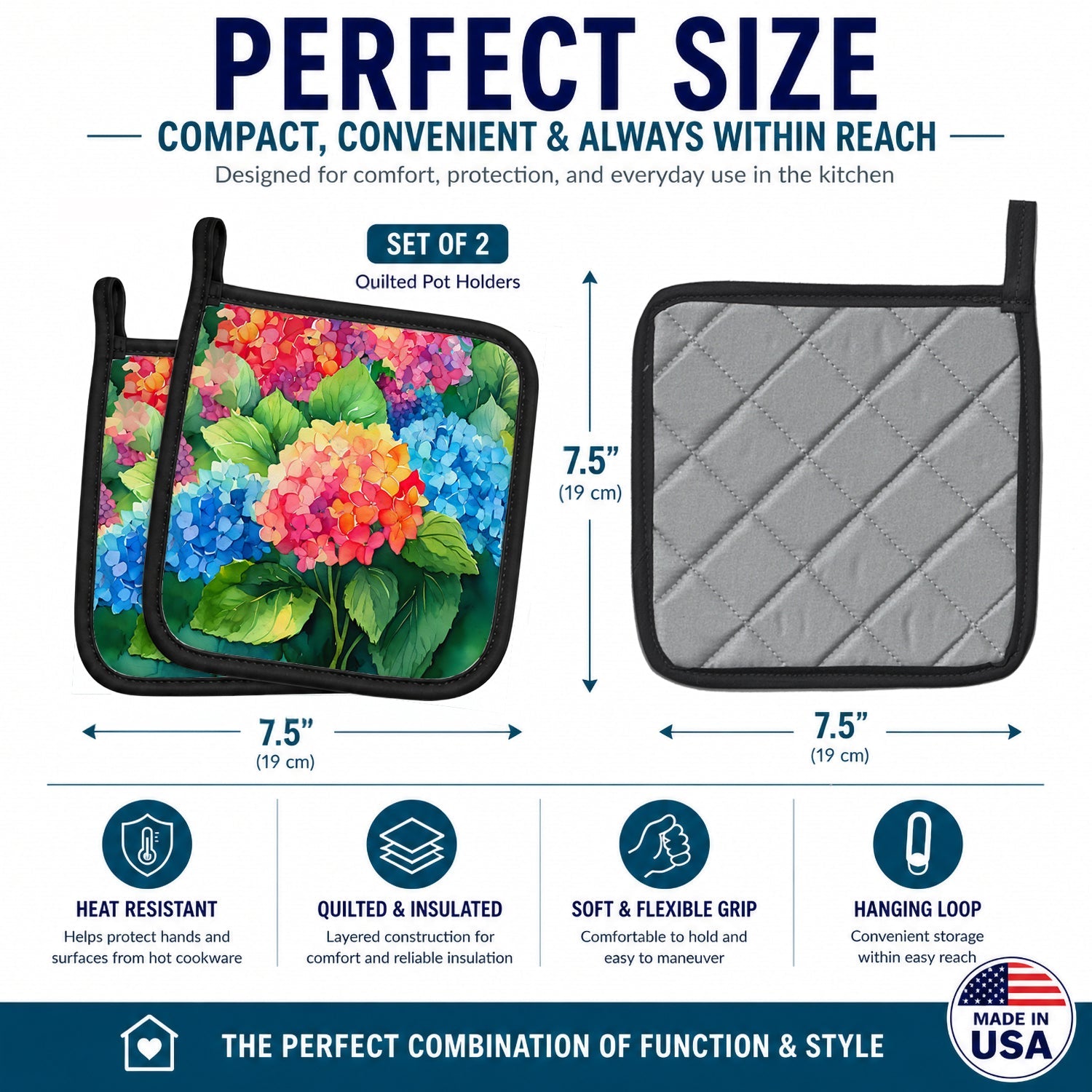 Hydrangeas in Watercolor Pot Holder Set of 2 Heat Resistant Quilted Hot Pads 7.5 x 7.5 Inch, Insulated Kitchen Trivets for Cooking & Baking