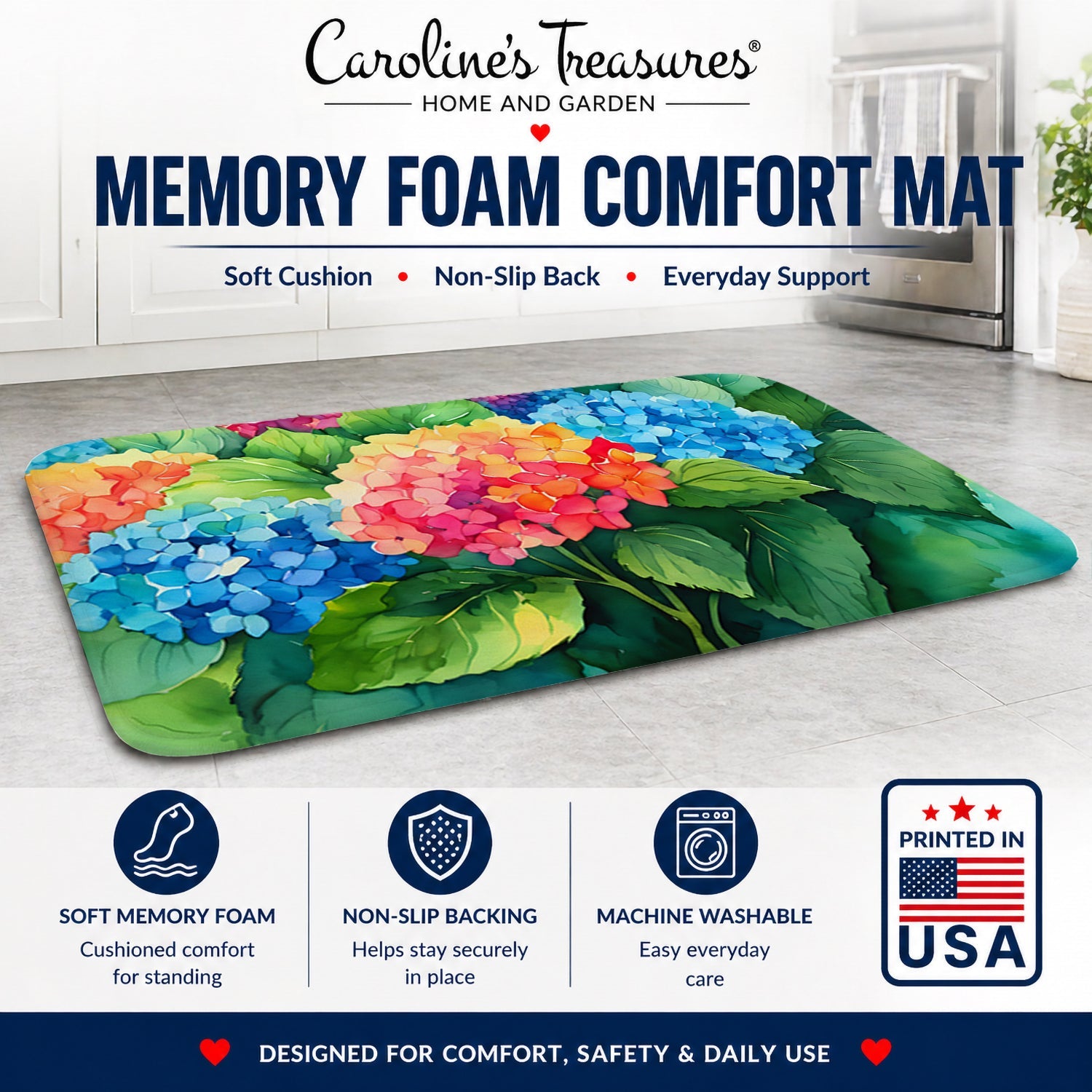 Hydrangeas in Watercolor Memory Foam Kitchen Mat Machine Washable Anti-Fatigue Cushion Comfort Bath or Kitchen Rug