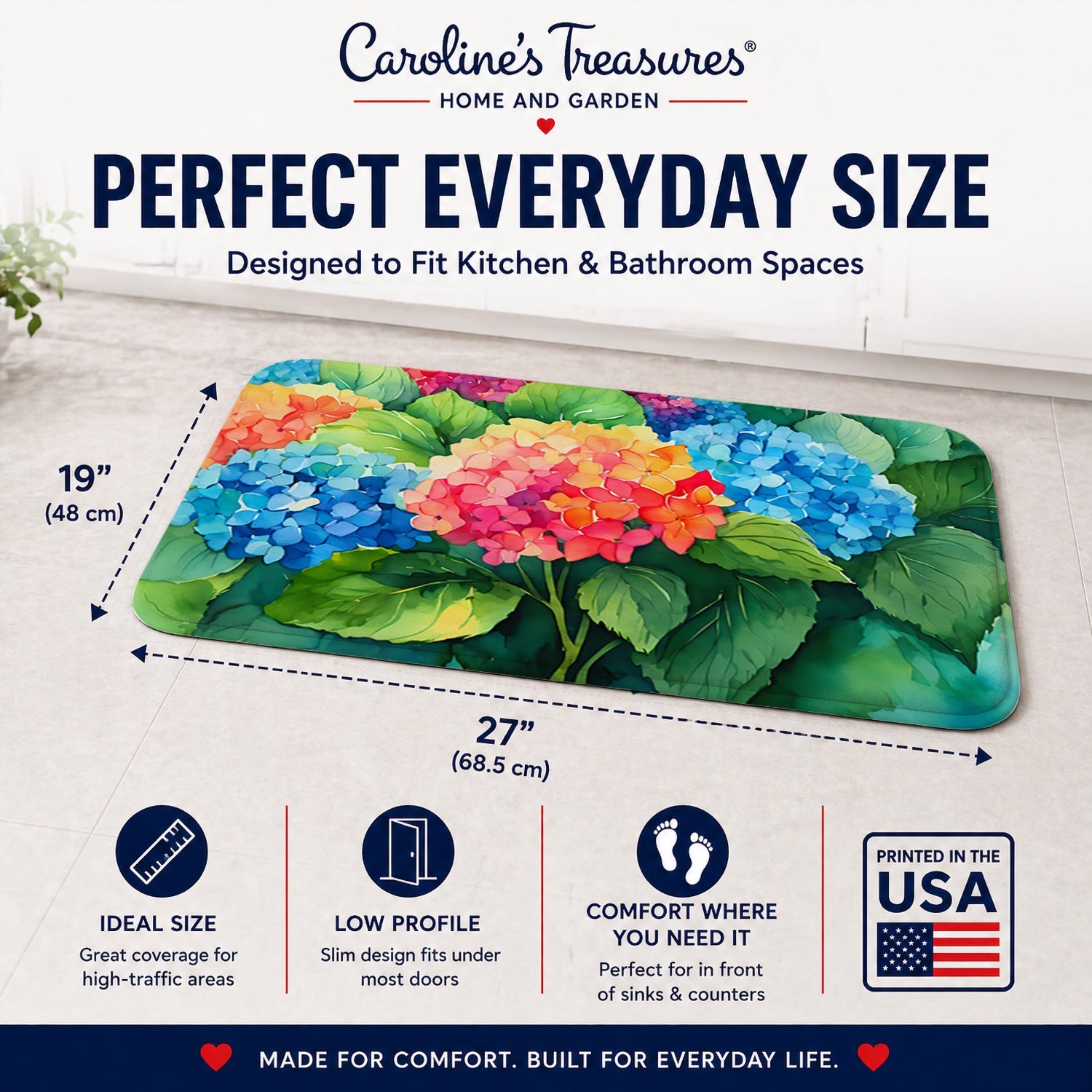 Hydrangeas in Watercolor Memory Foam Kitchen Mat Machine Washable Anti-Fatigue Cushion Comfort Bath or Kitchen Rug