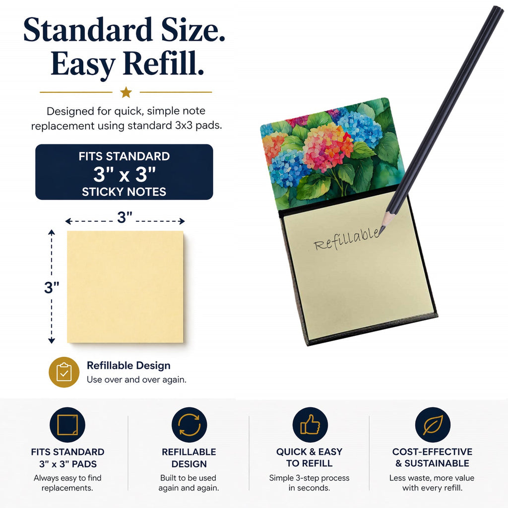 Hydrangeas in Watercolor Watercolor Sticky Note Holder Refillable Dispenser Desk Accessory 3x3 Pad Gift